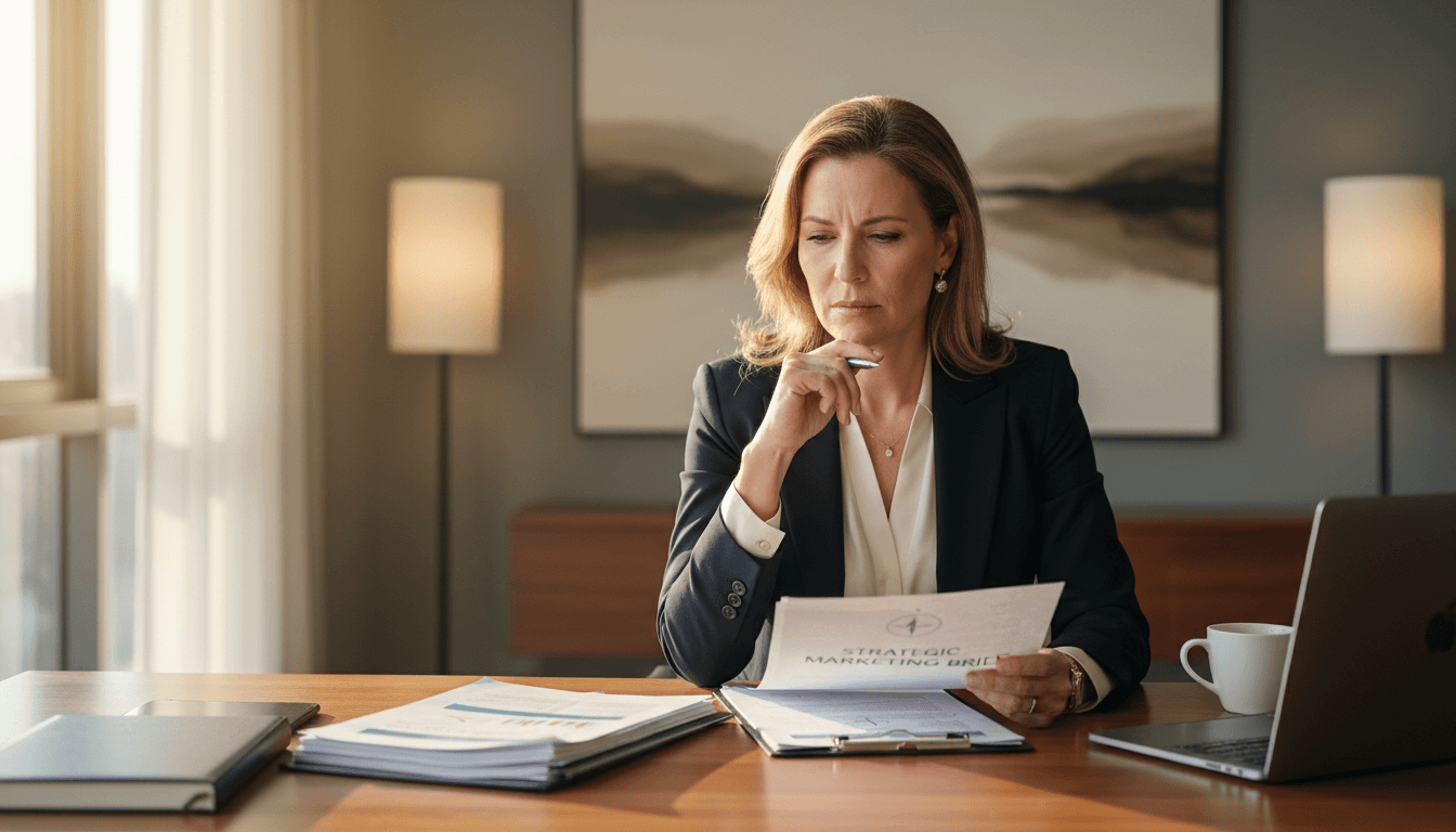 Strategic consultant reviewing marketing strategy documents