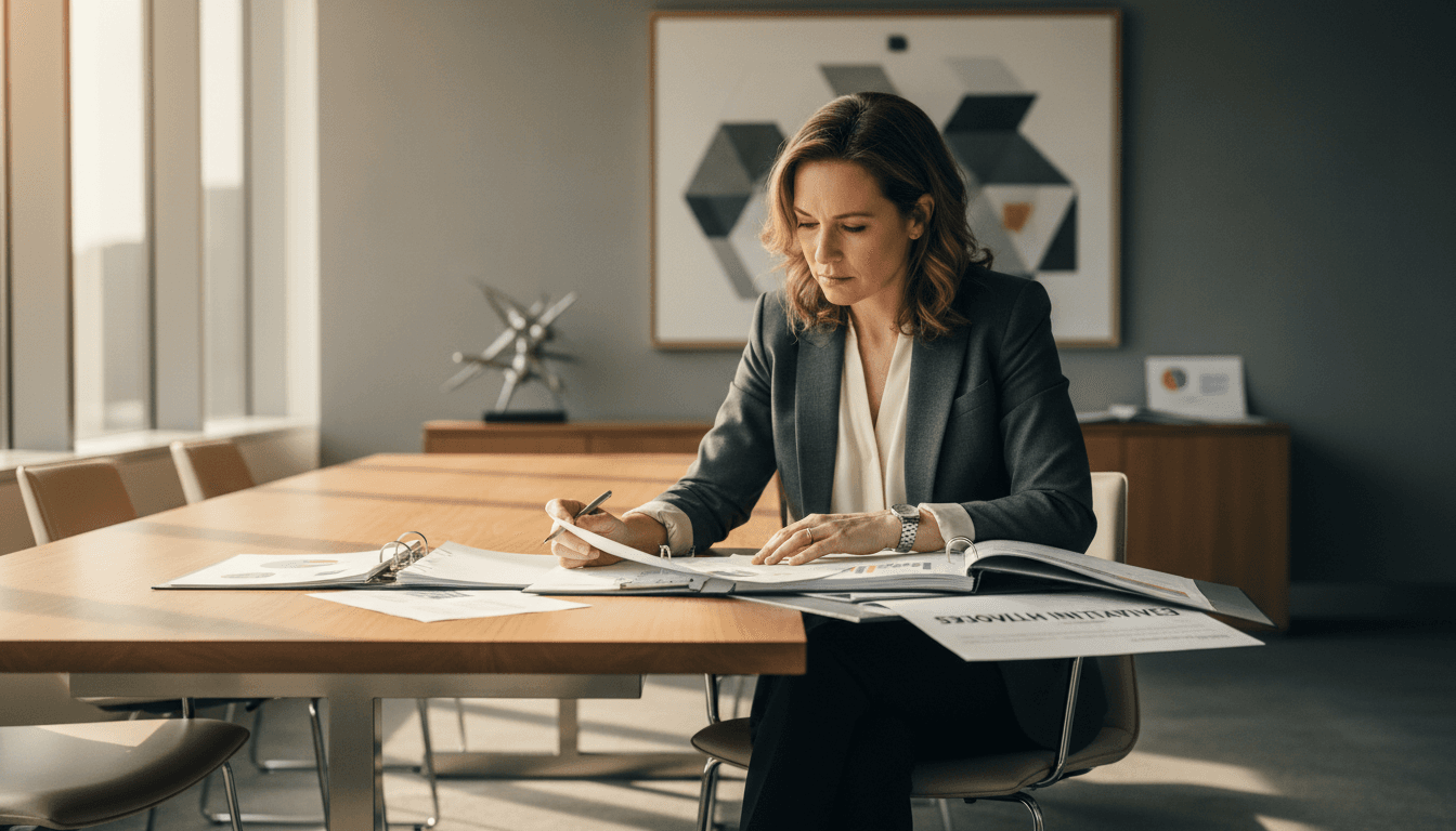 Female executive reviewing strategic documents at conference table