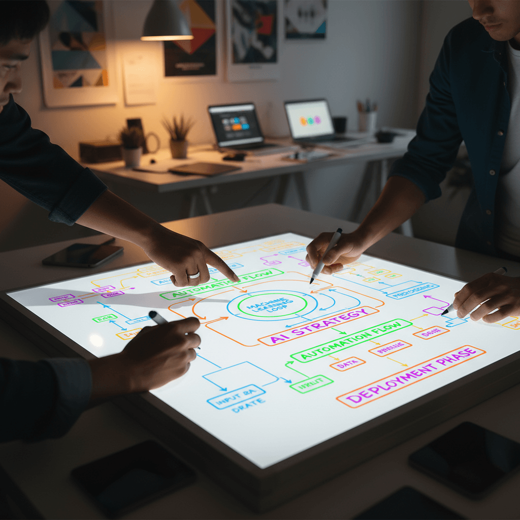Diverse team hands collaborating on illuminated whiteboard with AI workflow diagrams and process flowcharts