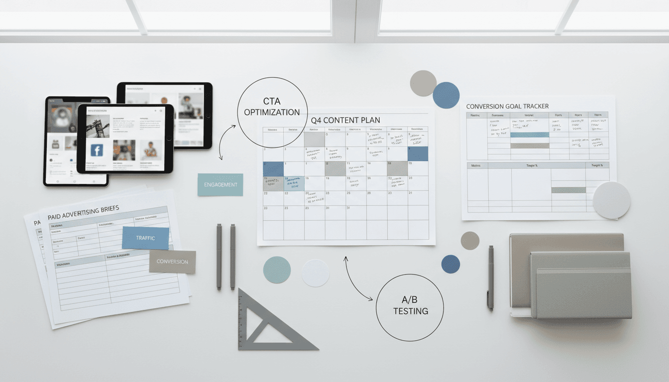 Overhead view of organized marketing campaign planning workspace with content calendar, mockups, and strategy notes