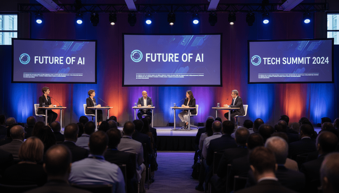 Professional panel discussion with four diverse panelists seated at stage table facing moderator with audience in foreground