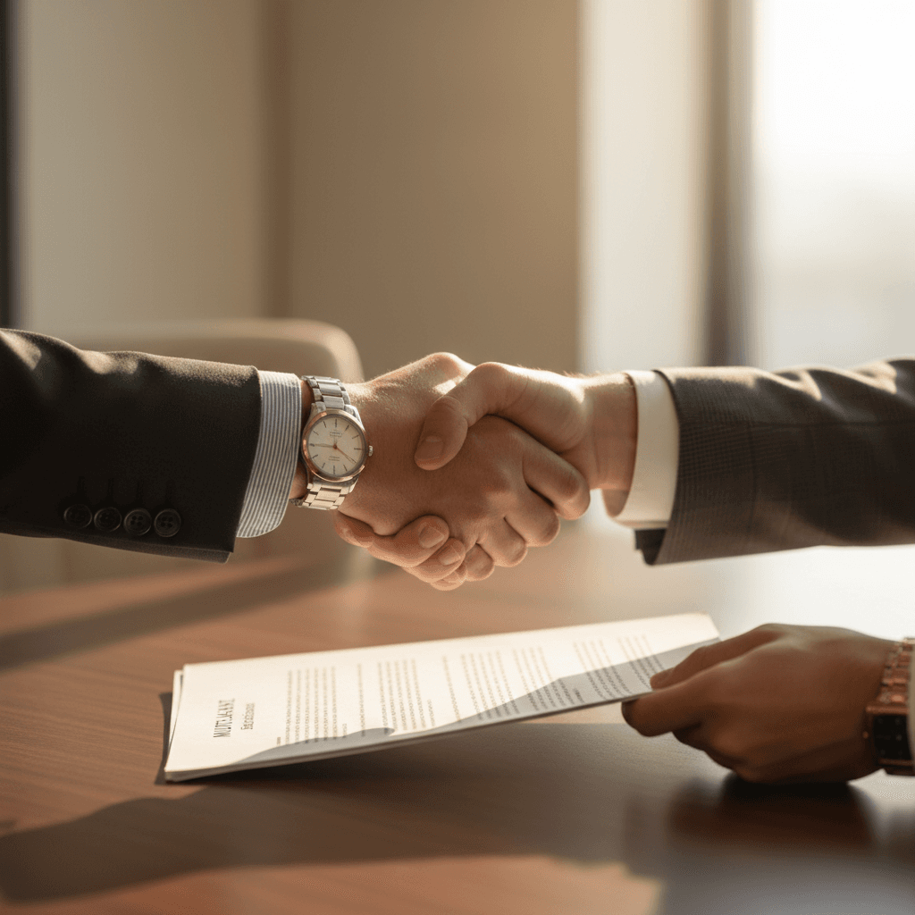Close-up of professional handshake between two people in business attire exchanging documents at desk