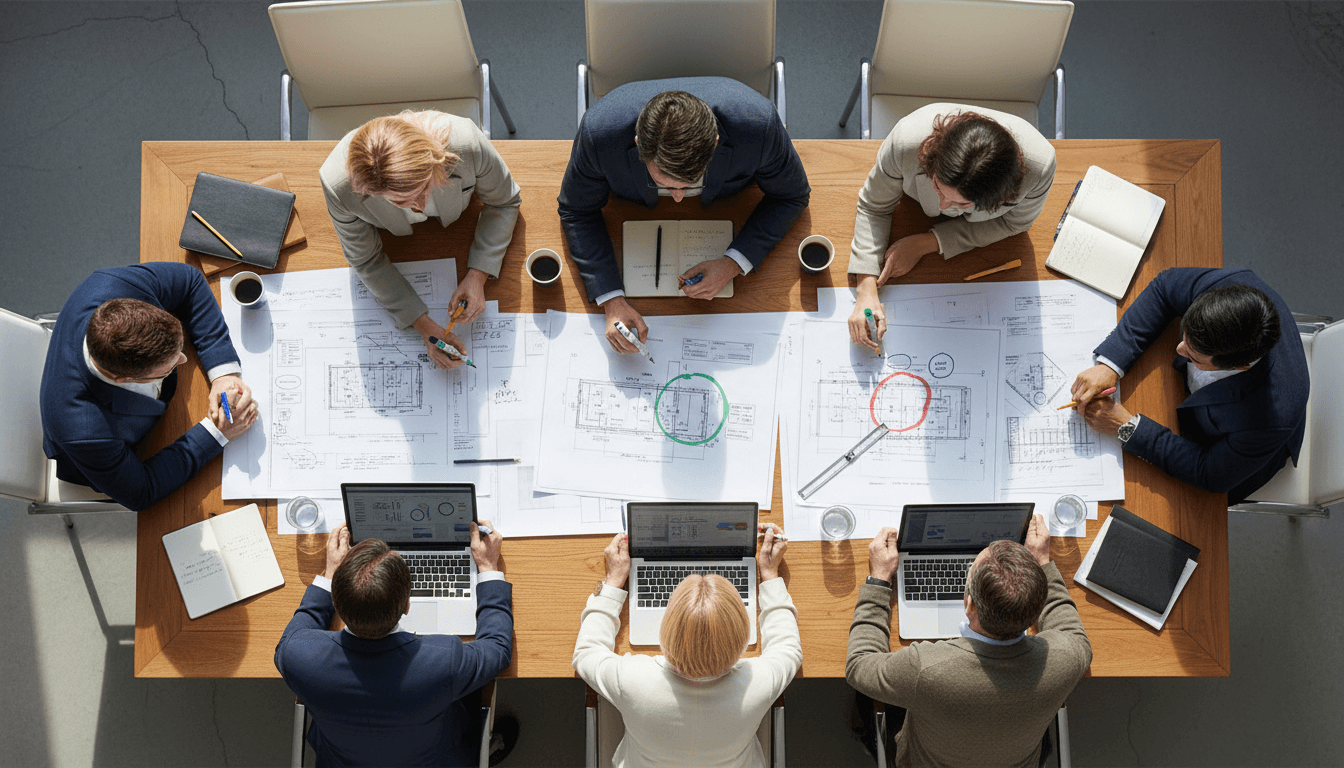 Engineering team gathered around conference table reviewing technical drawings and specifications in collaborative design meeting