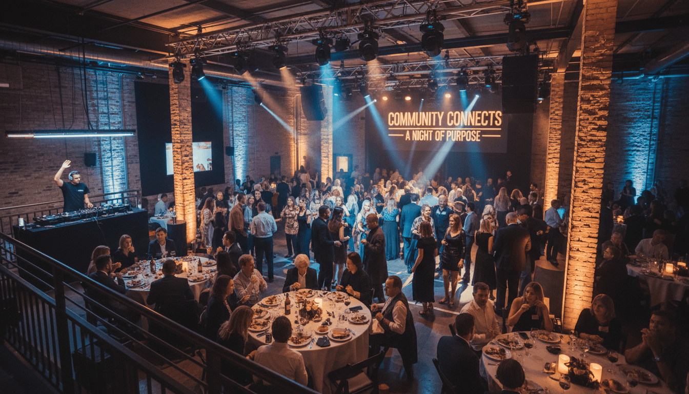 Aerial view of bustling fundraising event venue with DJ booth, dining tables, dance floor, and diverse attendees celebrating together