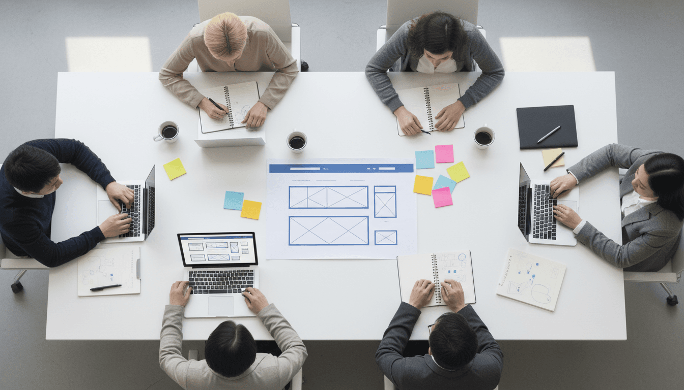 Overhead view of design team collaborating around conference table with website wireframes, laptops, and color-coded sticky notes